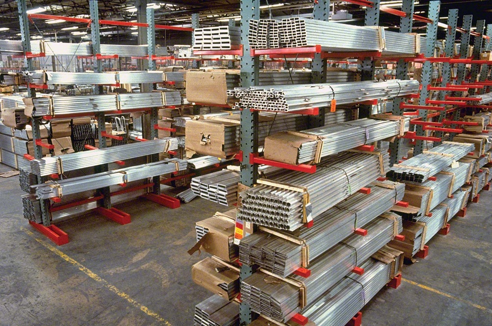Cantilever rack arms holding long lumber and building materials
